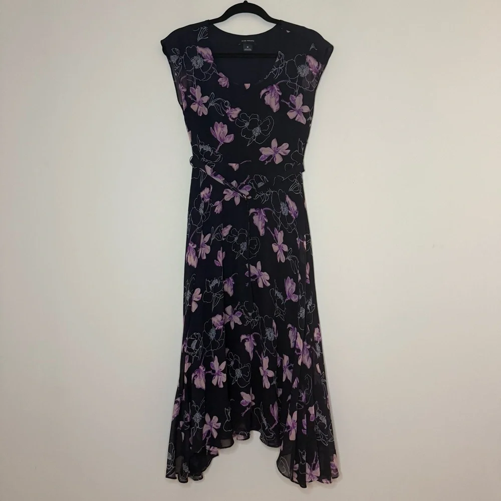 CLUB MONACO Purple Floral Silk Cocktail Flowy Belted Midi Dress